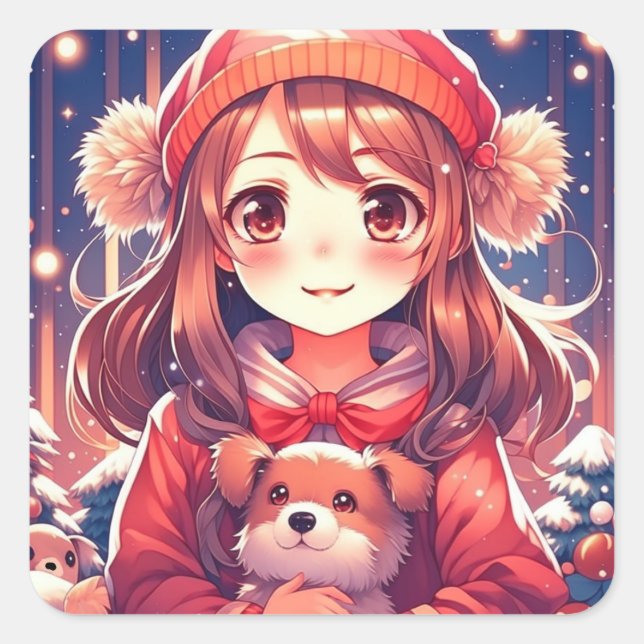 Pretty Anime Girl with Puppy and Ear Muffs Square Sticker (Front)