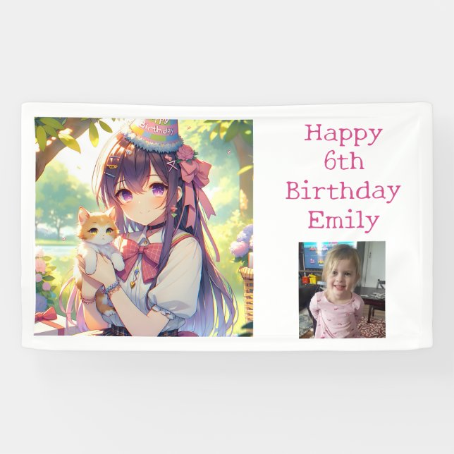 Pretty Anime Holding Kitten Girl's Birthday Banner (Horizontal)