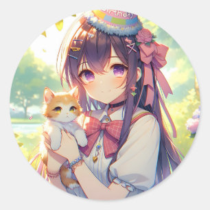 Pretty Anime Holding Kitten Girl's Birthday Classic Round Sticker