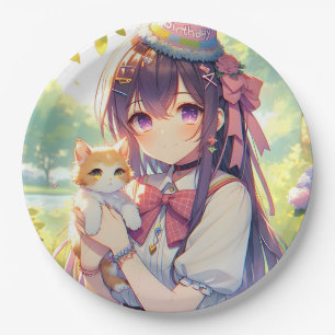 Pretty Anime Holding Kitten Girl's Birthday Paper Plate