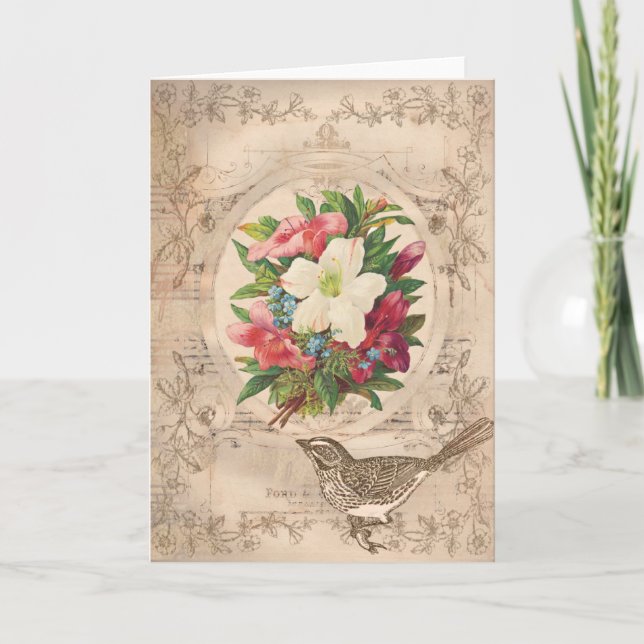 Pretty Antique Flowers & Bird Card (Front)