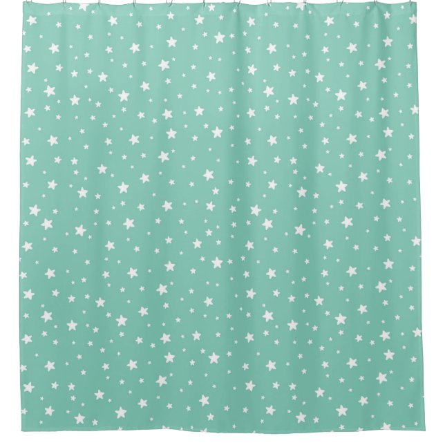 Pretty Aqua and White Stars Celestial Sky Shower Curtain (Front)