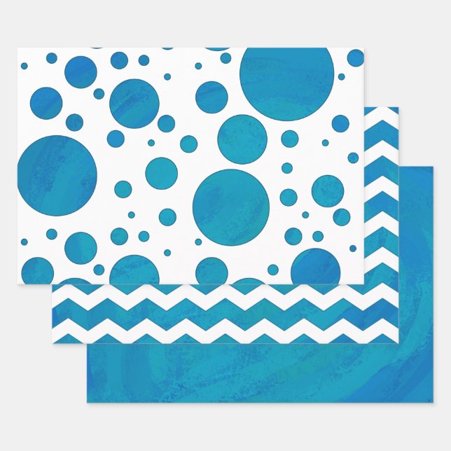 Pretty Aqua Blue Colour Coordinated Patterns Wrapping Paper Sheet (Set)
