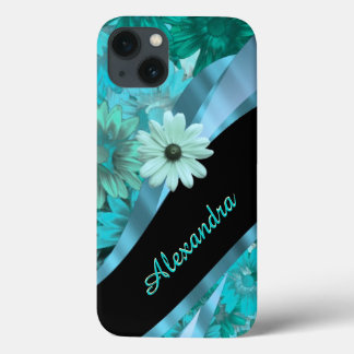 Pretty aqua blue floral pattern personalised iPhone 13 case