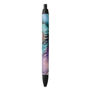 Pretty Aqua Blue Purple Gold Floral  Black Ink Pen
