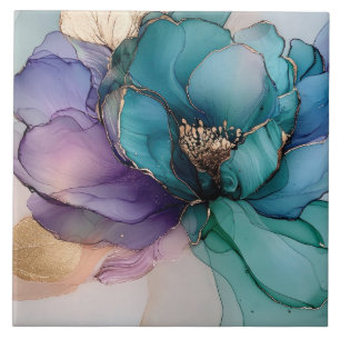 Pretty Aqua Blue Purple Gold Floral  Ceramic Tile