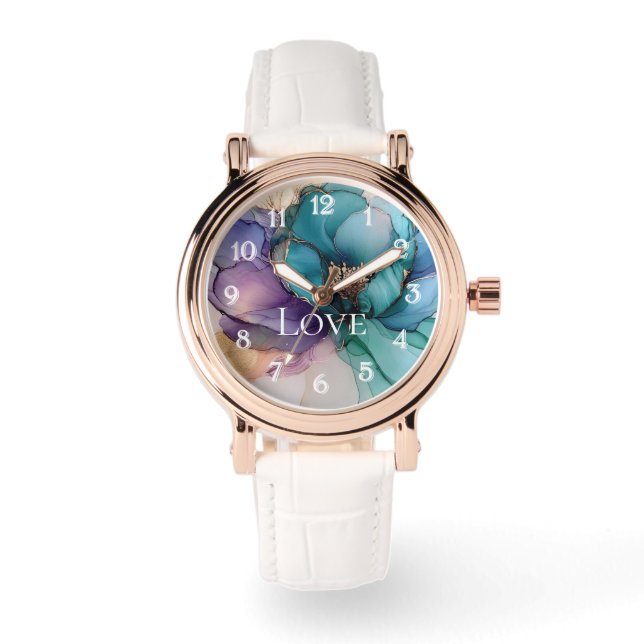 Pretty Aqua Blue Purple Gold Floral Love Watch (Front)
