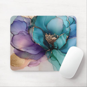 Pretty Aqua Blue Purple Gold Floral Mouse Pad