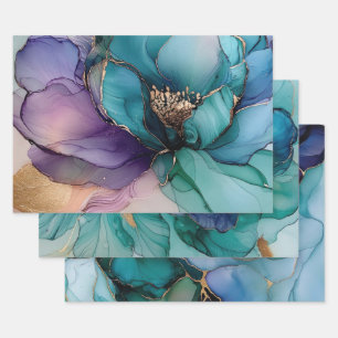 Pretty Aqua Blue Purple Gold Floral Wrapping Paper Sheet