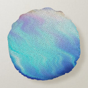 Pretty Aqua Blue Purple Pastel Mosaic Tiles Round Cushion