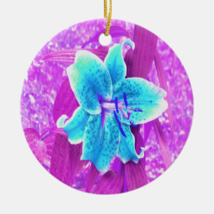 Pretty Aqua Blue Stargazer Lily on Purple Ceramic Ornament