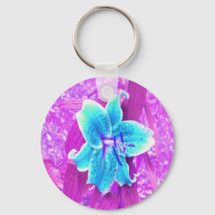 Pretty Aqua Blue Stargazer Lily on Purple Key Ring