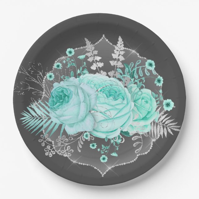 Pretty Aqua Fantasy Floral Paper Plate (Front)