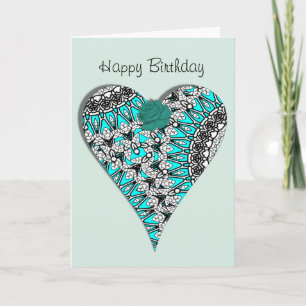 Pretty Aqua Lace Heart Rose Birthday Card