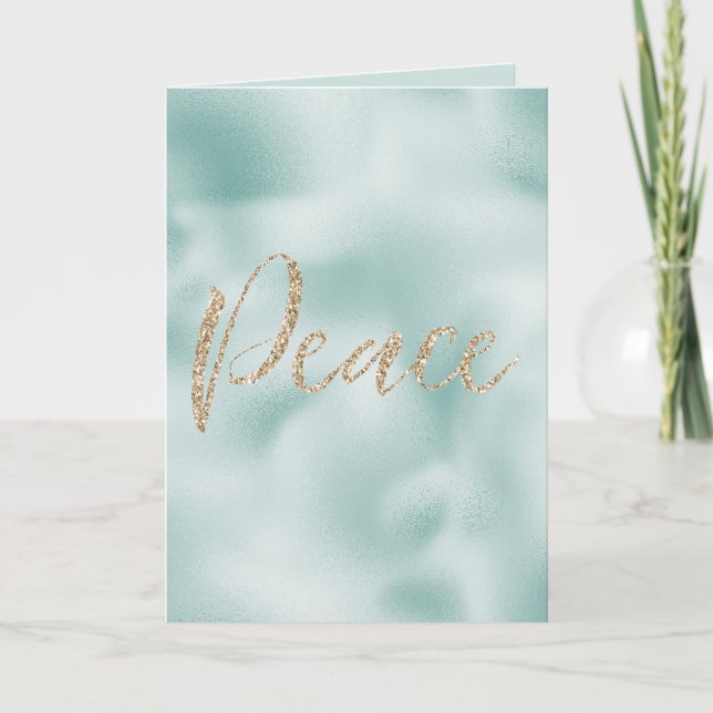 Pretty Aqua Mint Glitzy Glitter Stripes Gold Peace Card (Front)