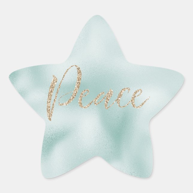 Pretty Aqua Mint Glitzy Glitter Stripes Gold Peace Star Sticker (Front)