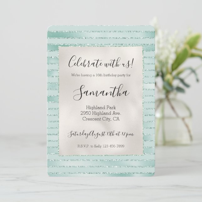 Pretty Aqua Mint Glitzy Glitter Stripes Invitation (Standing Front)