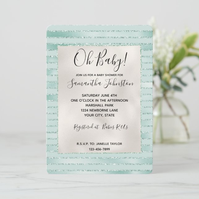 Pretty Aqua Mint Glitzy Glitter Stripes Invitation (Standing Front)