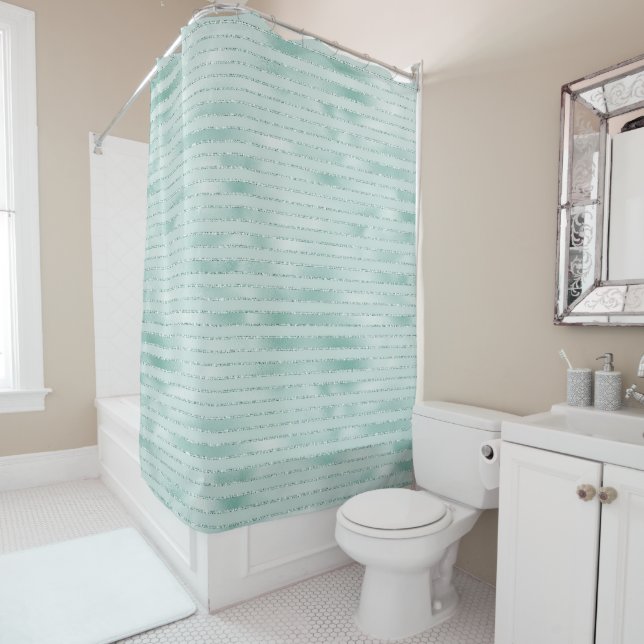 Pretty Aqua Mint Glitzy Glitter Stripes     Shower Curtain (In Situ)