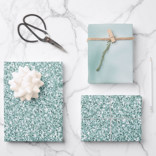 Pretty Aqua Mint Glitzy Glitter       Wrapping Paper Sheet (Front)