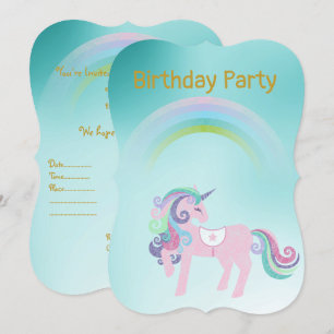 Pretty Aqua rainbow unicorn birthday Gold Invitation