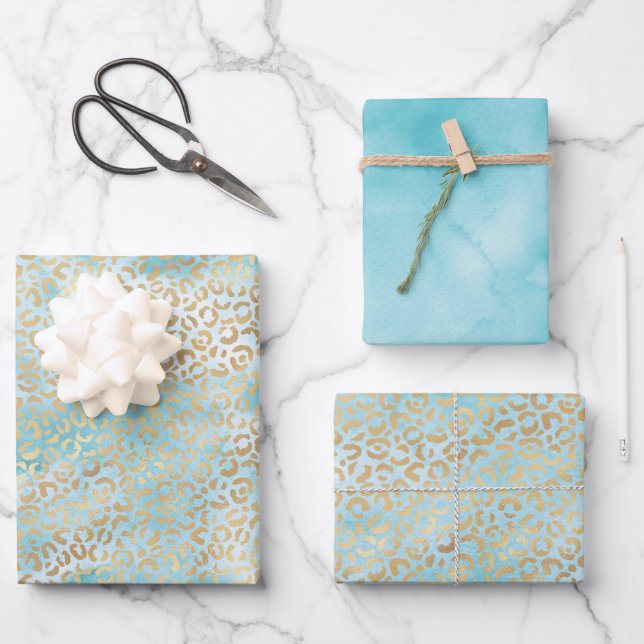 Pretty Aqua White Gold Leopard Print        Wrapping Paper Sheet (Front)