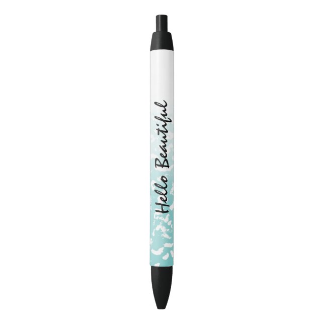 Pretty Aqua White Ombre Animal Print Black Ink Pen (Front Vertical)