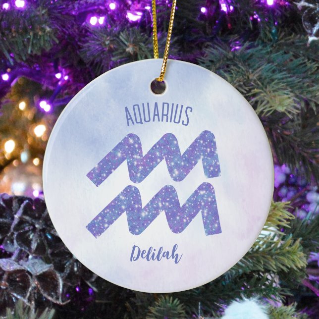 Pretty Aquarius Astrology Sign Personalised Purple Ceramic Ornament (Creator Uploaded)