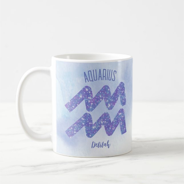 Pretty Aquarius Astrology Sign Personalised Purple Coffee Mug (Left)