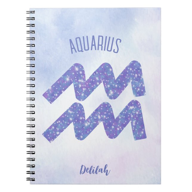 Pretty Aquarius Astrology Sign Personalised Purple Notebook (Front)