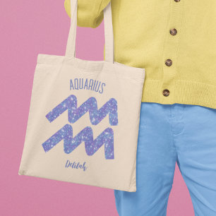 Pretty Aquarius Purple Astrology Sign Personalised Tote Bag