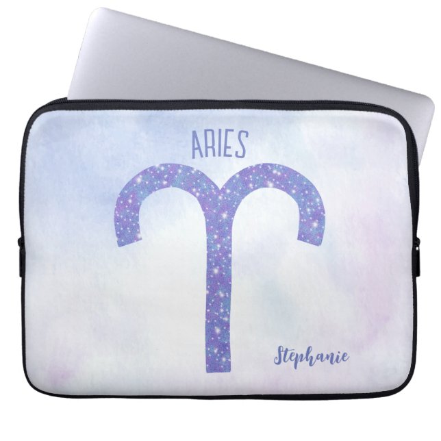 Pretty Aries Astrology Sign Personalised Purple Laptop Sleeve (Front)