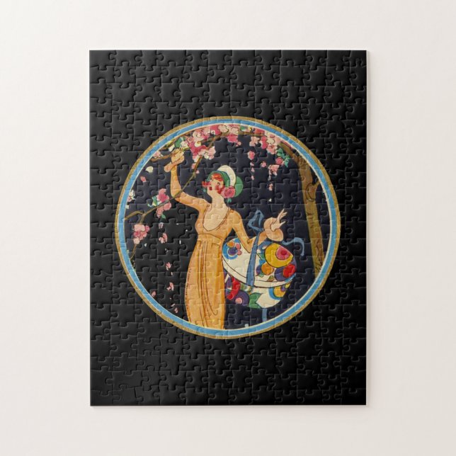 Pretty Art Deco Style Lady Cherry Blossom Tree Jigsaw Puzzle (Vertical)