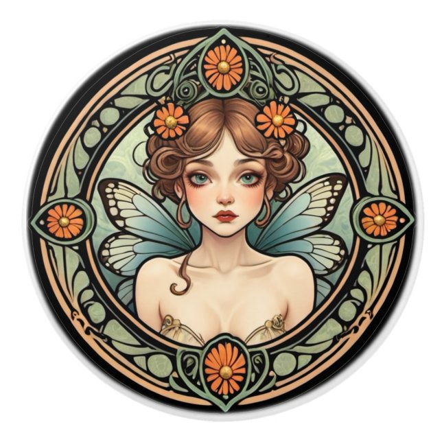 Pretty Art Nouveau Fairy Ceramic Knob (Front)