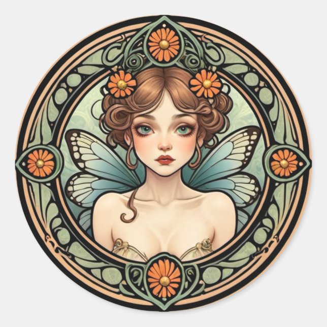 Pretty Art Nouveau Fairy Classic Round Sticker (Front)