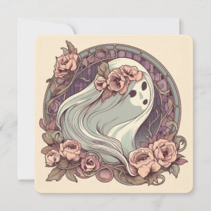 Pretty Art Nouveau Ghost with Flowers Spooky Invitation
