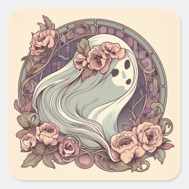 Pretty Art Nouveau Ghost with Flowers Spooky Square Sticker (Front)
