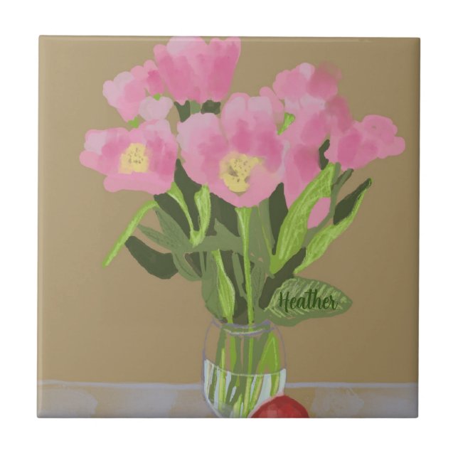 Pretty Art Tulip Flower Modern Illustration +Name Ceramic Tile (Front)