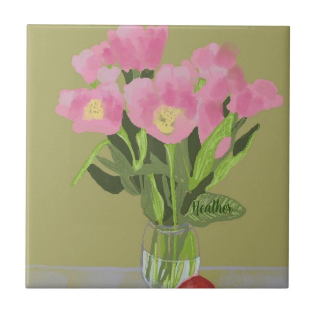 Pretty Art Tulip Flower Modern Illustration +Name Ceramic Tile (Front)