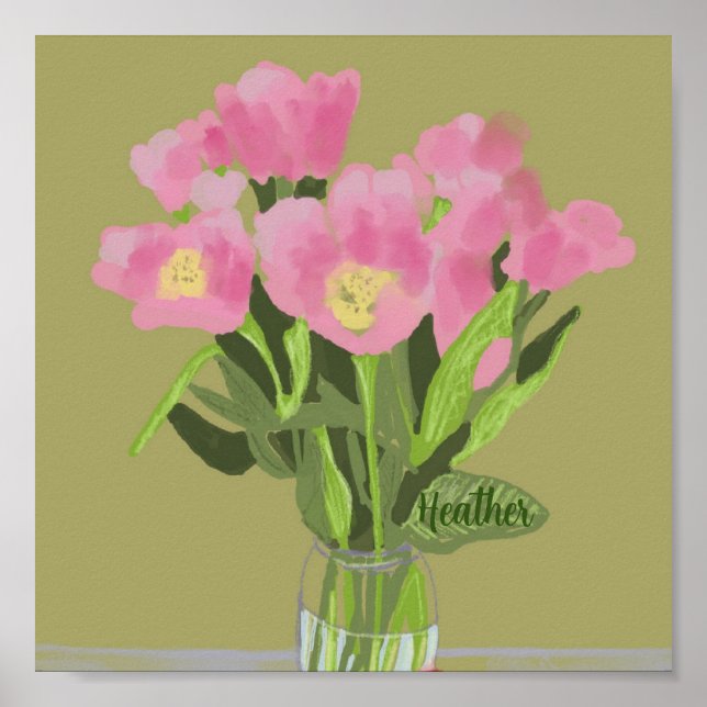 Pretty Art Tulip Flower Modern Illustration + Name Poster (Front)