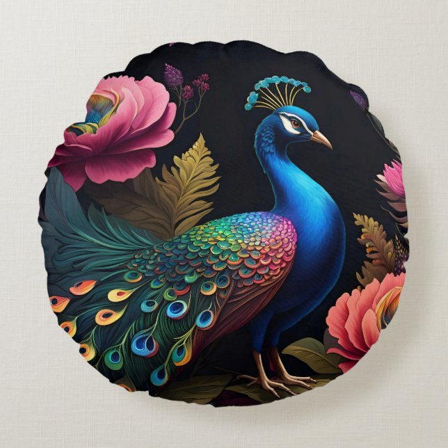 Pretty as a Peacock in Peonies Round Cushion (Front)
