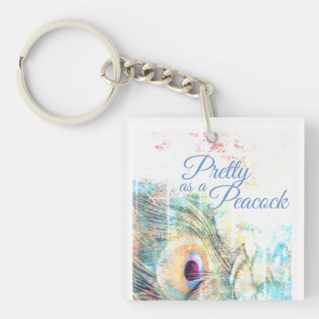 Pretty as a peacock pastel white feather key ring (Front)
