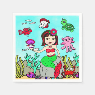 Pretty Asian Mermaid Under the Sea Birthday Party Napkin
