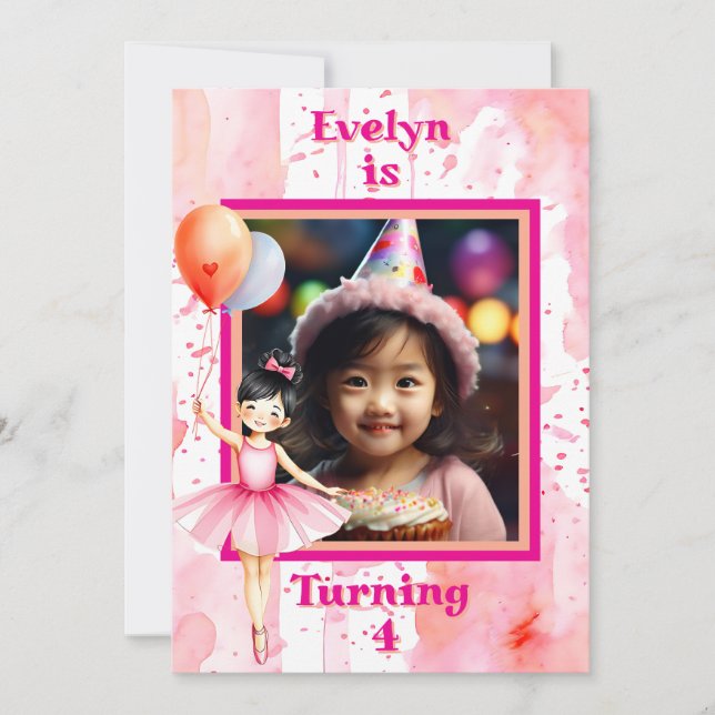 Pretty Asian Pink Ballerina Girl's Birthday Party Invitation (Front)