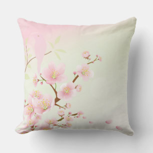 Pretty Asian Pink Cherry Blossom Bird Floral Cushion