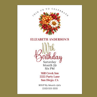 Pretty Autumn Flower Bouquet 100th Birthday Invitation