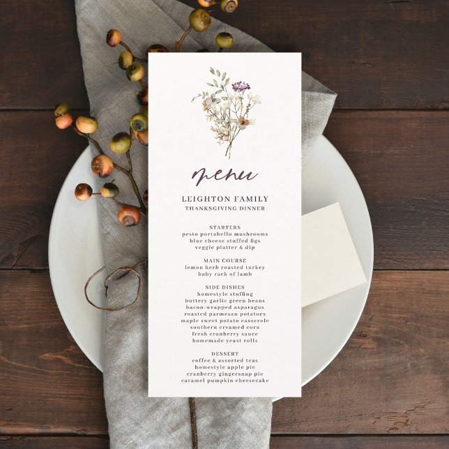 Pretty Autumn Wildflowers Thanksgiving Dinner Menu (Creator Uploaded)