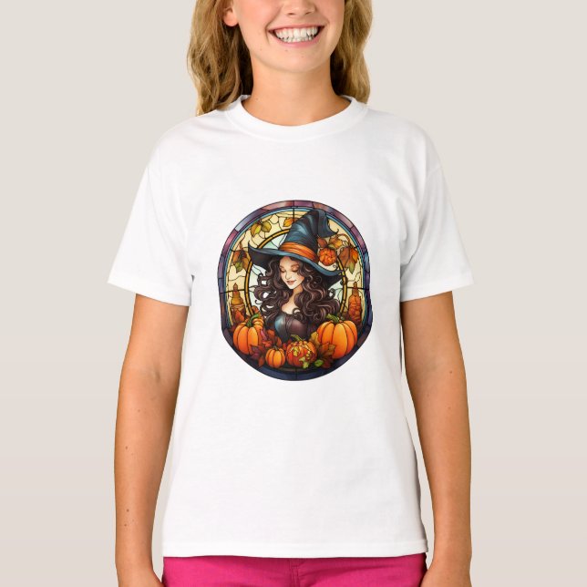 Pretty Autumn Witch Stained Glass T-Shirt (Front)