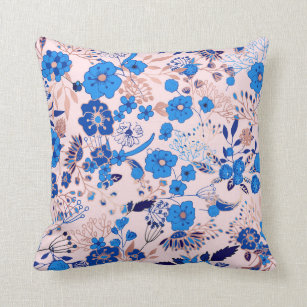 Pretty Azure Blue Blush Pink Floral Illustration Cushion