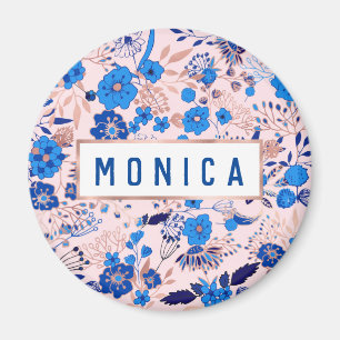 Pretty Azure Blue Blush Pink Floral Illustration M Magnet